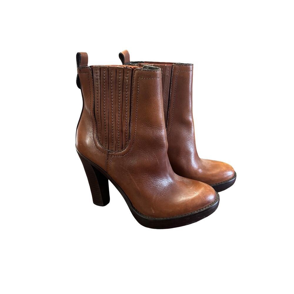 Tory Burch Brown Leather Ankle Booties Round Toe Heeled Boots Size 8